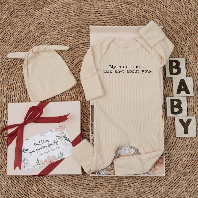 My Aunt and I Talk Sh*t About You Baby Bodysuit Funny Infant Outfit Minimalist Design Cotton Soft Gift from Aunt for Newborns