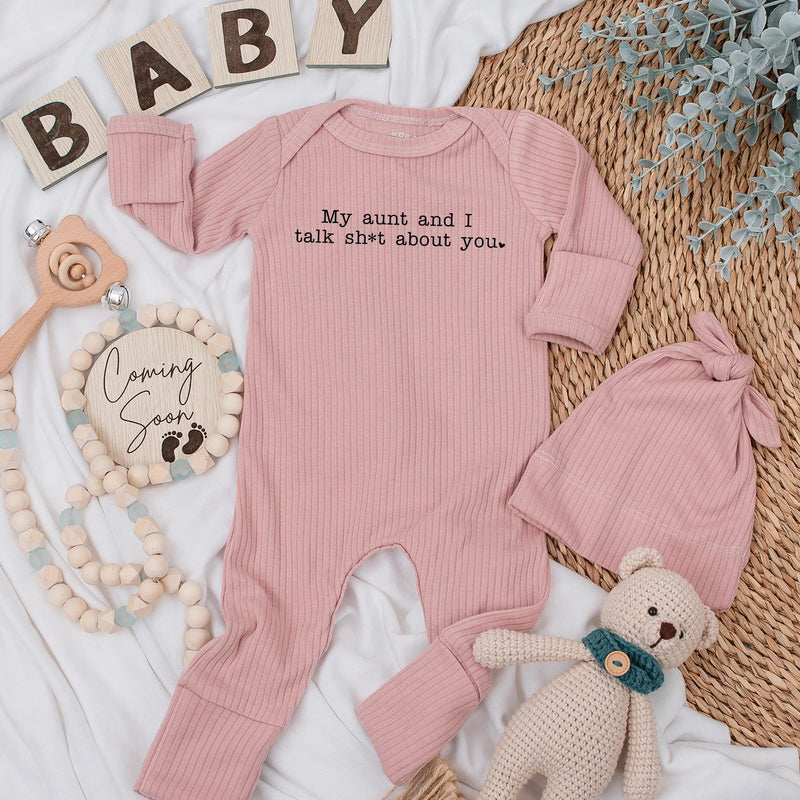 My Aunt and I Talk Sh*t About You Baby Bodysuit Funny Infant Outfit Minimalist Design Cotton Soft Gift from Aunt for Newborns