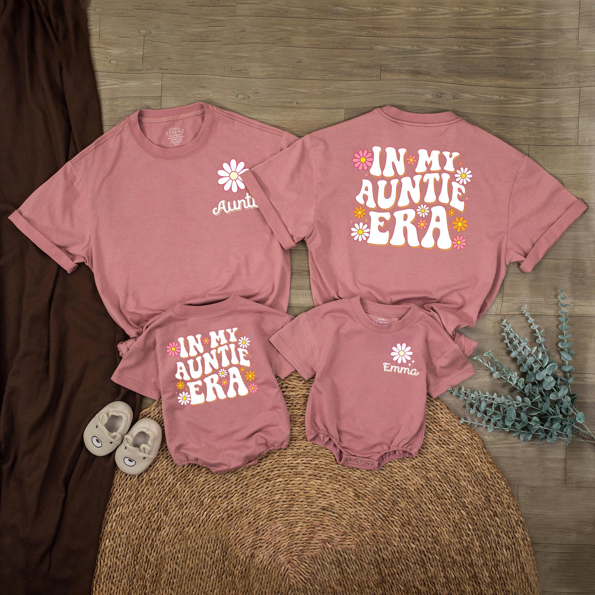 In My Auntie Era Matching Family Shirts and Baby Romper Set with Retro Daisy Design, Custom Name Option for Aunt and Baby