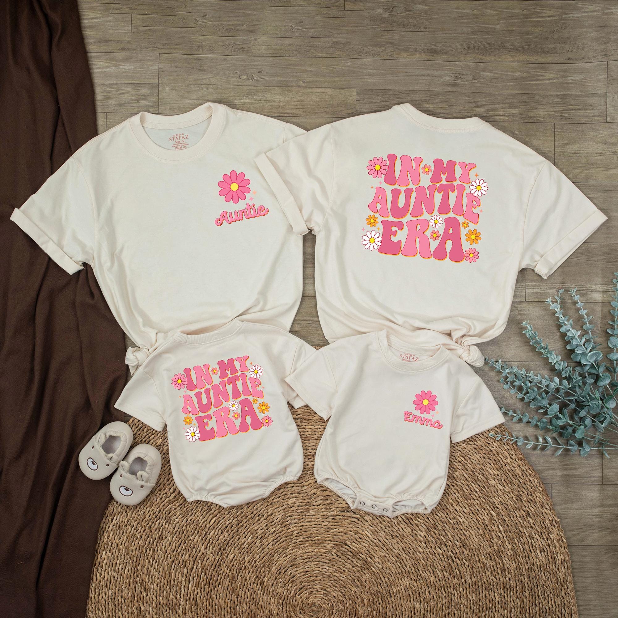 In My Auntie Era Matching Family Shirts and Baby Romper Set with Retro Daisy Design, Custom Name Option for Aunt and Baby