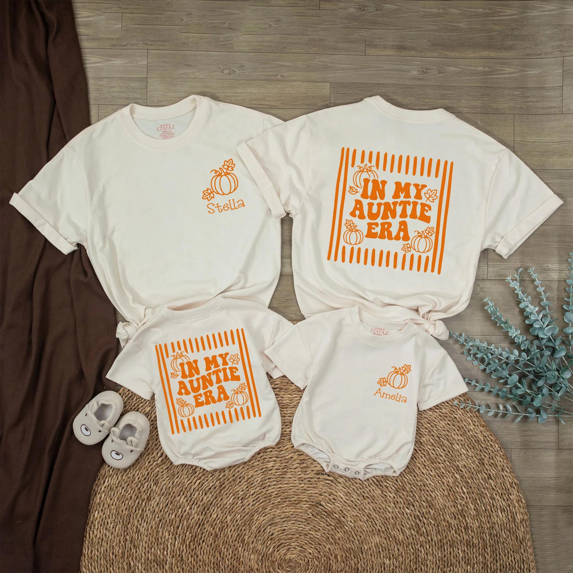 In My Auntie Era Matching Shirts with Pumpkin Graphic, Personalized Baby Romper and Auntie T-Shirt, Fall Family Outfit