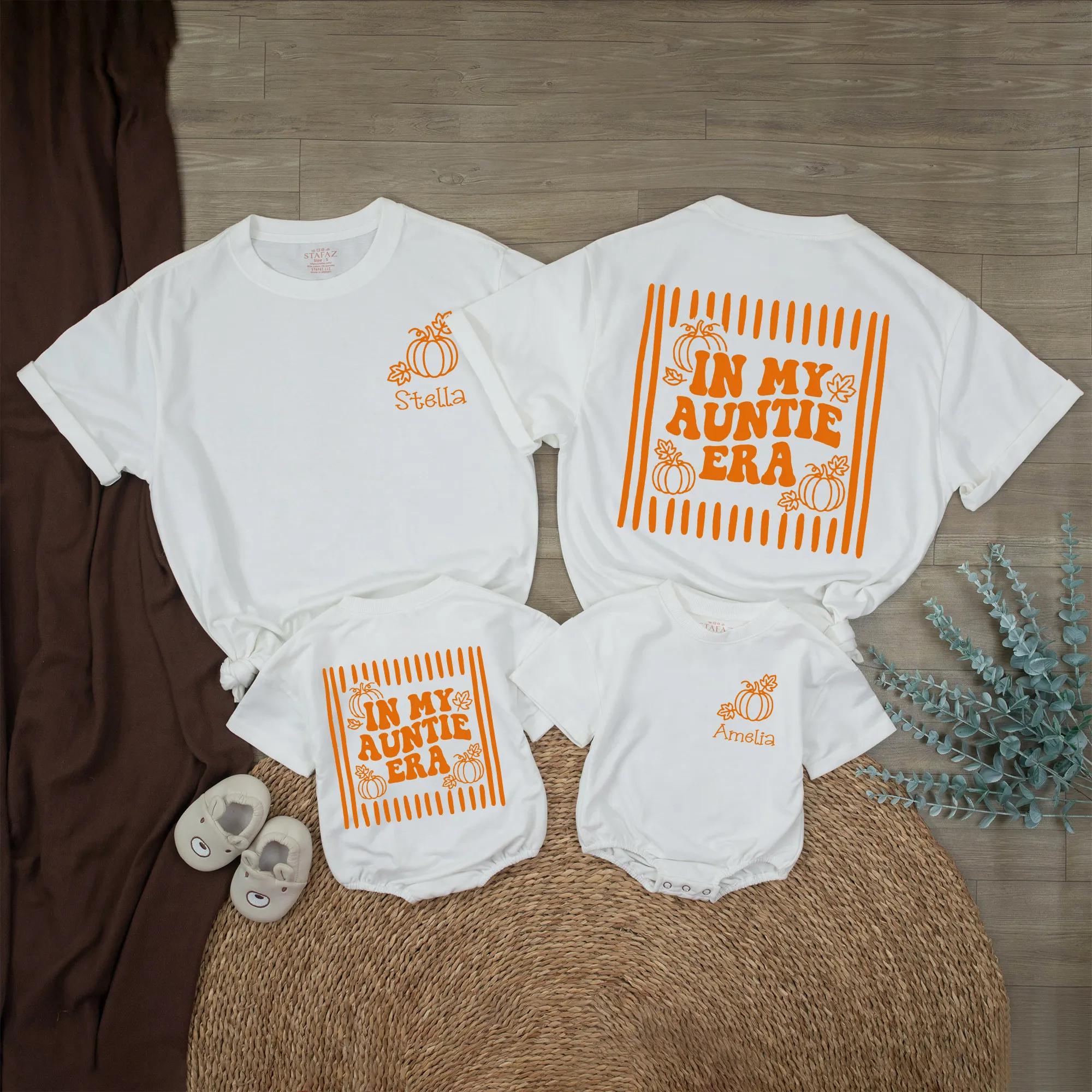 In My Auntie Era Matching Shirts with Pumpkin Graphic, Personalized Baby Romper and Auntie T-Shirt, Fall Family Outfit