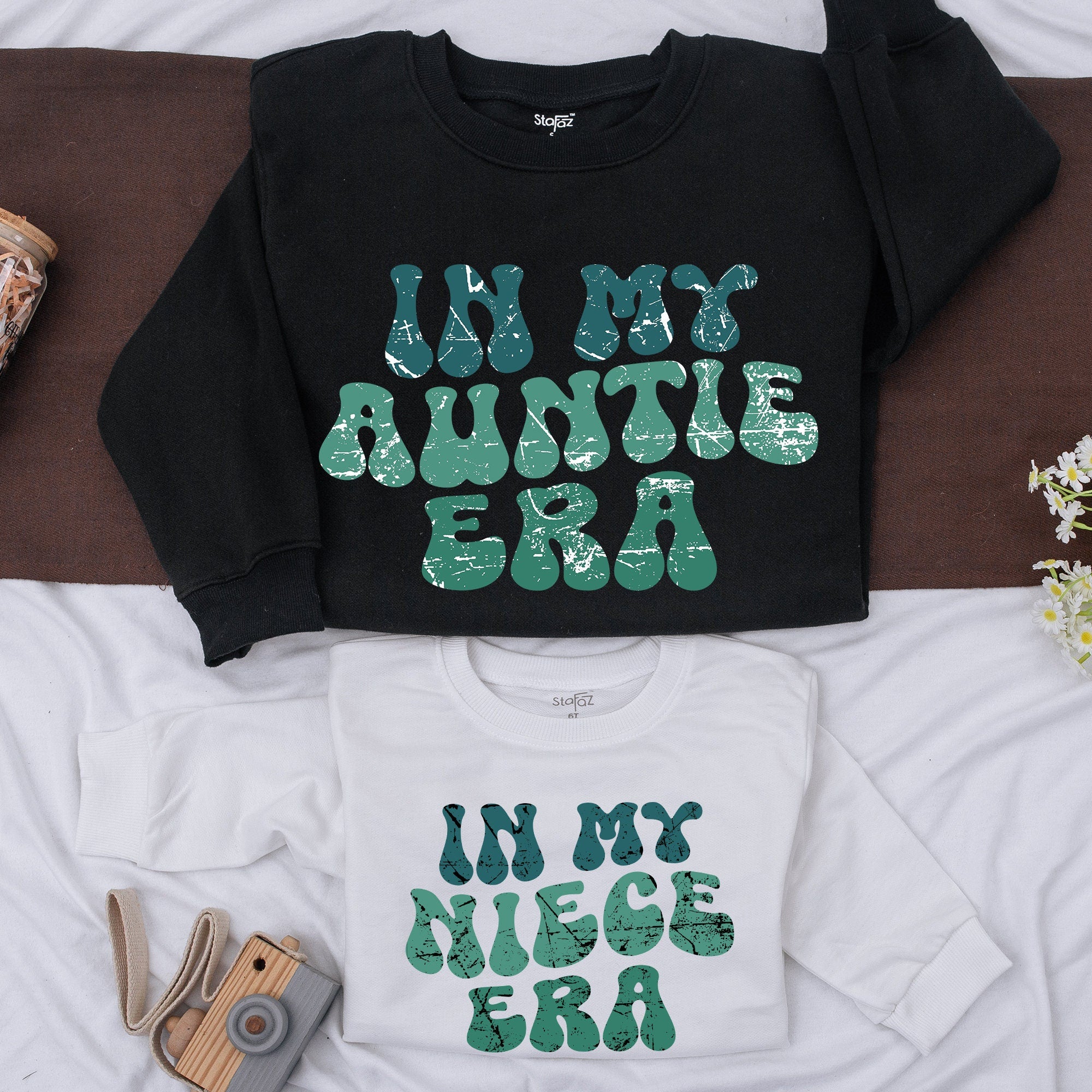 In My Auntie Era Matching Sweatshirts for Aunt and Niece Retro Style Teal Green Marbled Text Comfortable Cotton Gift for Baby Shower