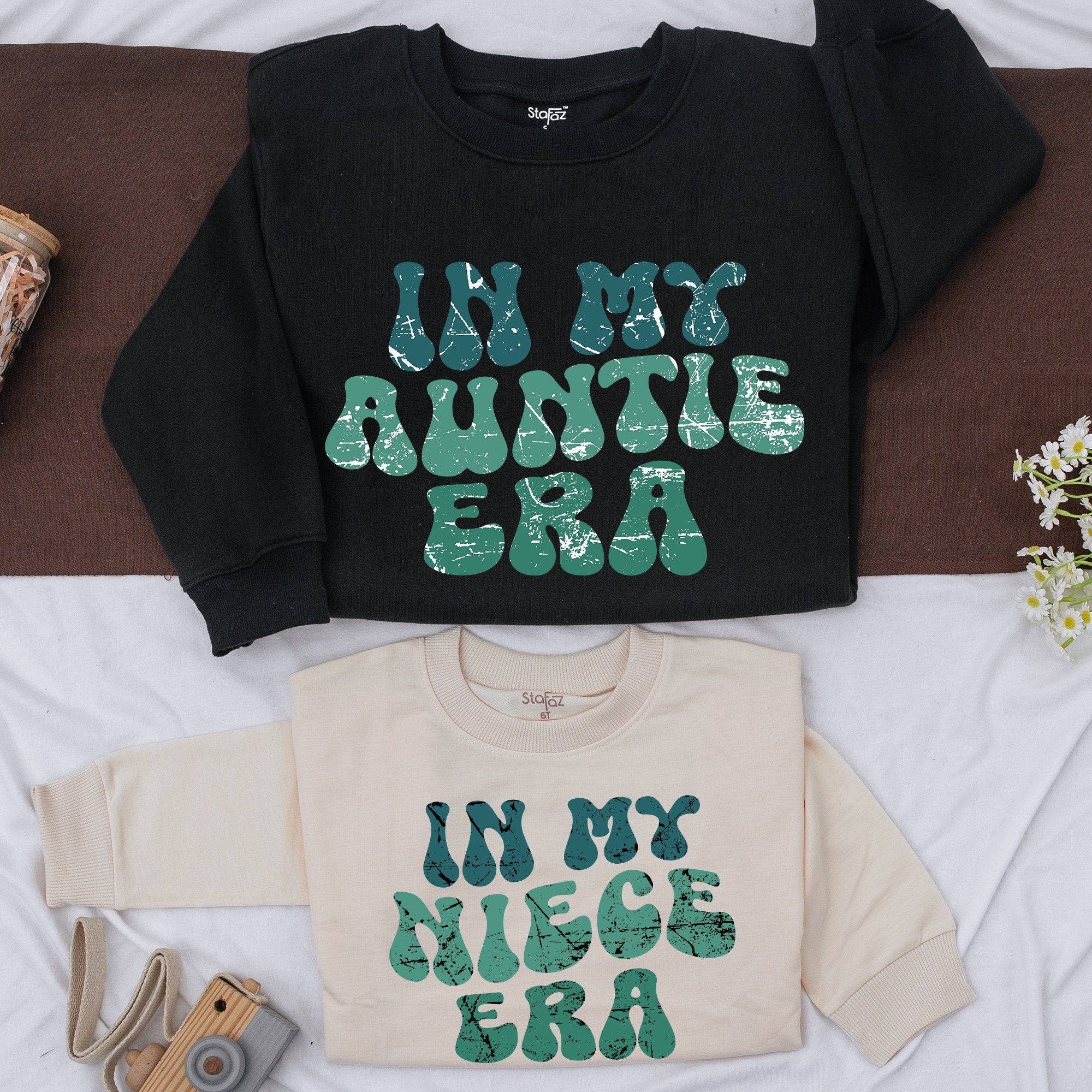 In My Auntie Era Matching Sweatshirts for Aunt and Niece Retro Style Teal Green Marbled Text Comfortable Cotton Gift for Baby Shower
