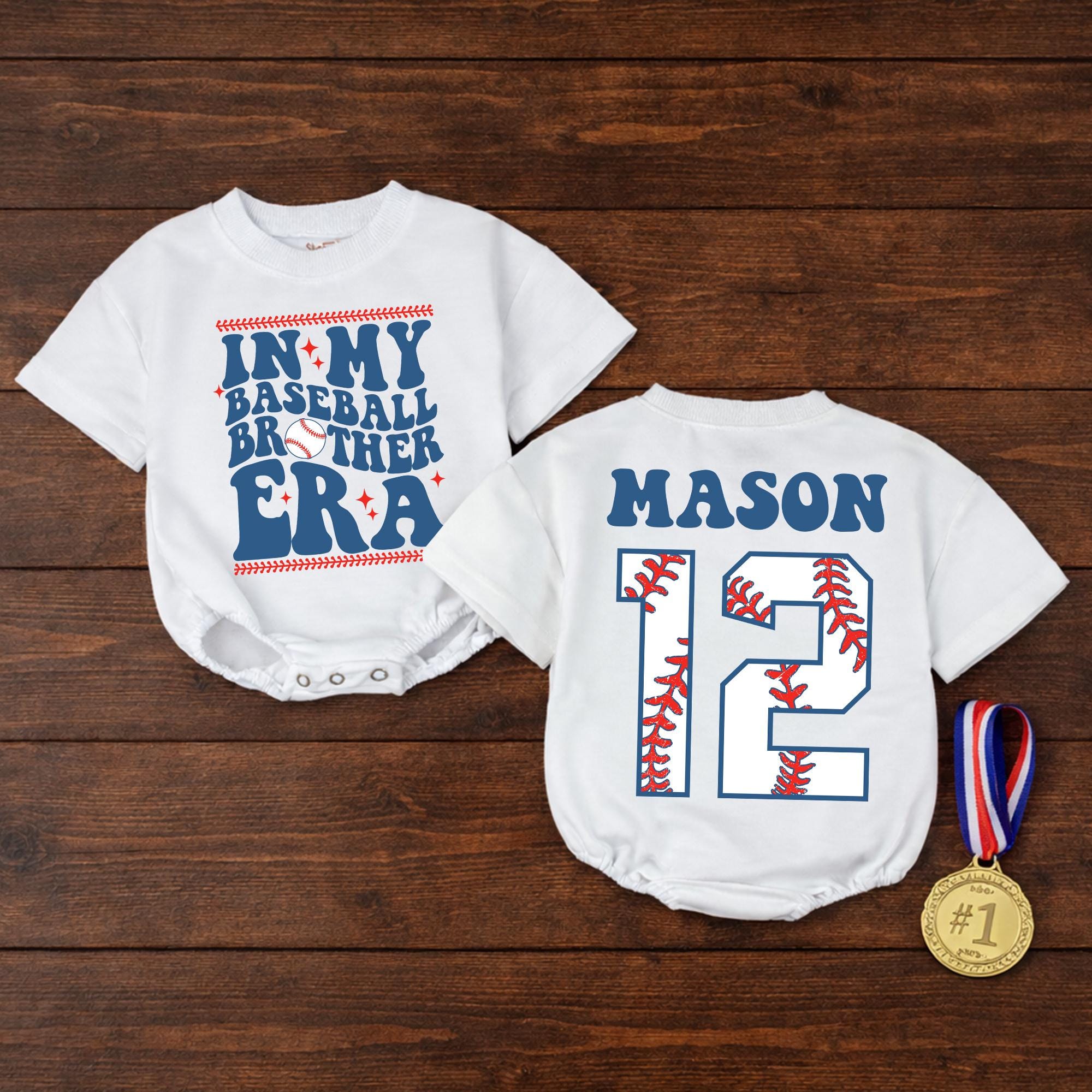 In My Baseball Brother Era Baby Romper with Custom Name and Jersey Number, Game Day Outfit for Matching Family Photos