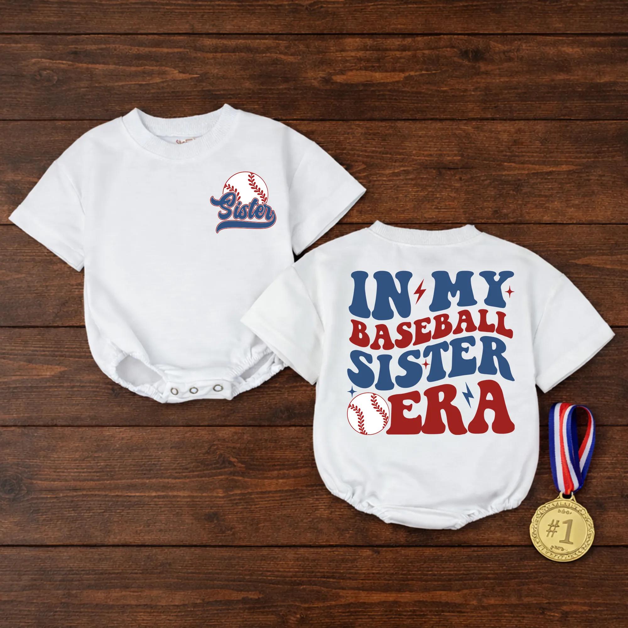In My Baseball Sister Era Baby Romper with Bold Red and Blue Graphic, Little Sister Game Day Outfit for Sports Fans