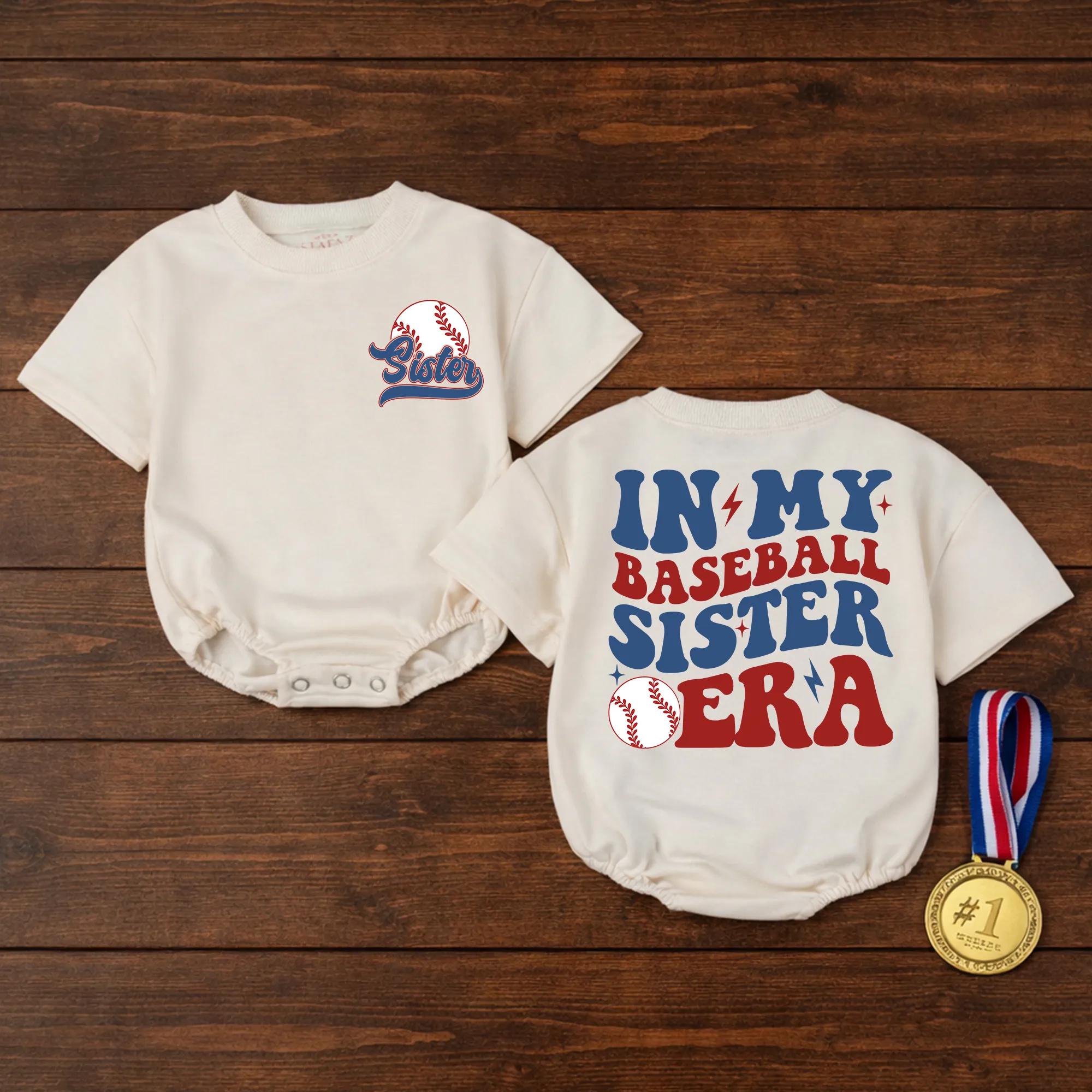 In My Baseball Sister Era Baby Romper with Bold Red and Blue Graphic, Little Sister Game Day Outfit for Sports Fans