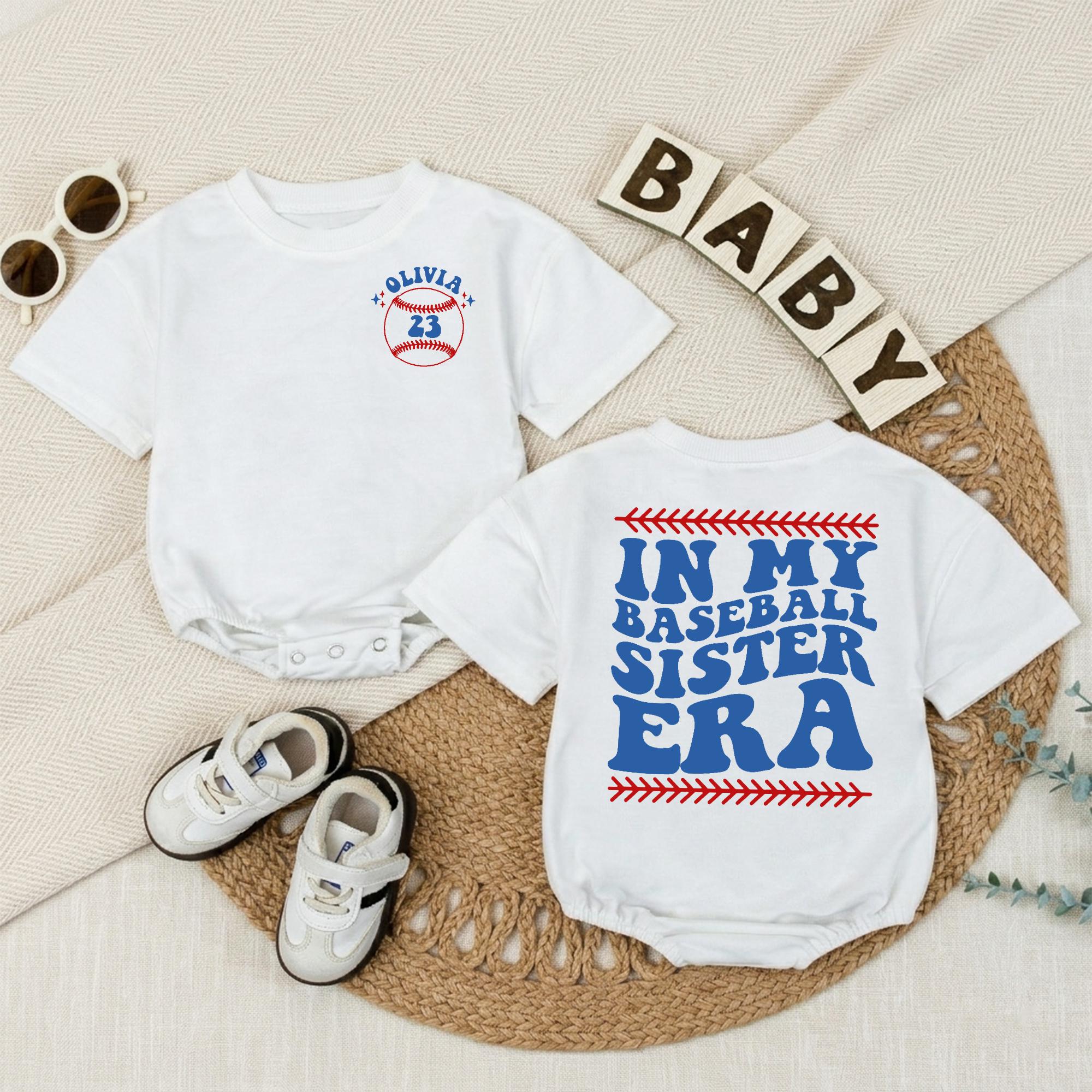 In My Baseball Sister Era Baby Romper with Custom Name, Retro Game Day Outfit for Baby Girl, Baseball Themed Newborn Gift