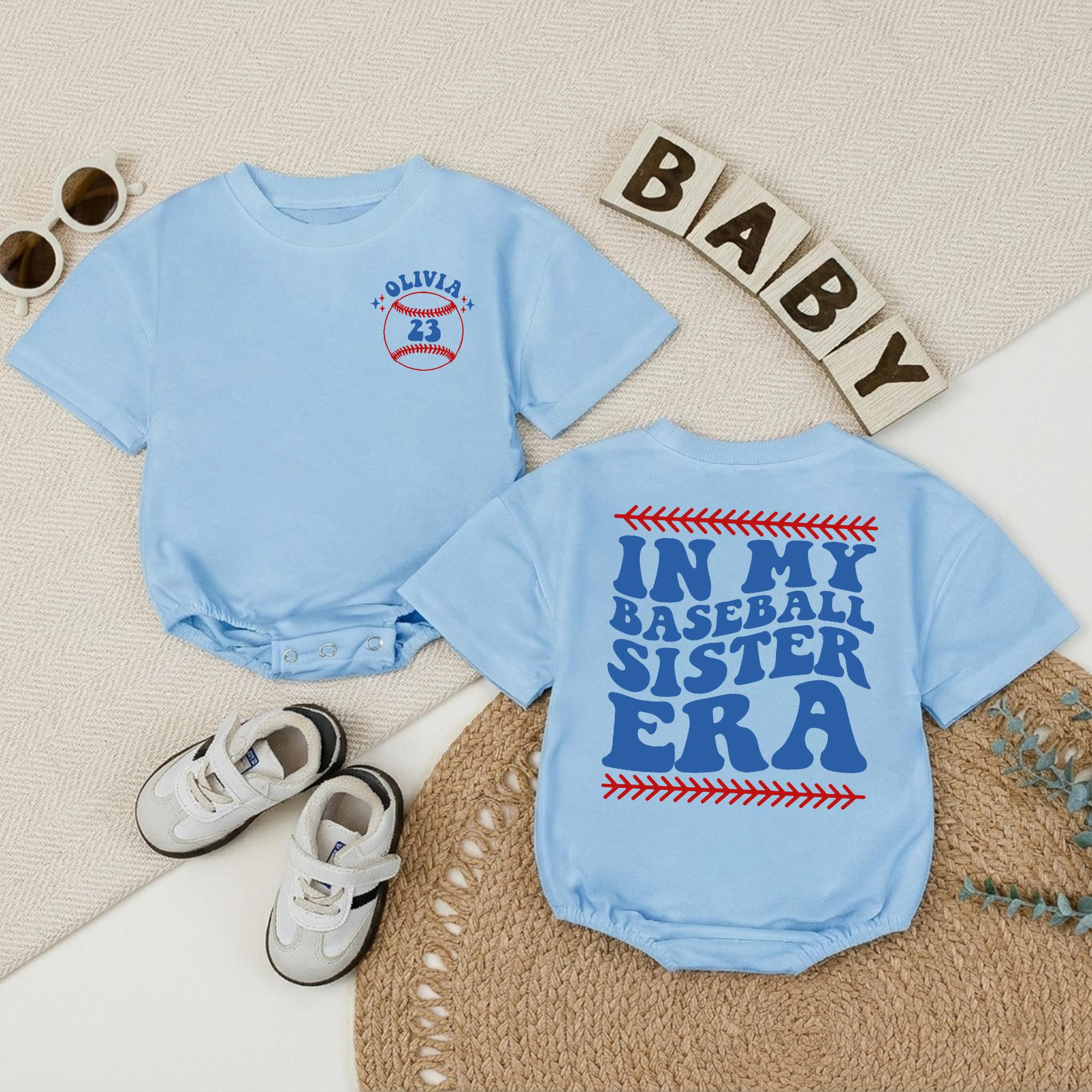 In My Baseball Sister Era Baby Romper with Custom Name, Retro Game Day Outfit for Baby Girl, Baseball Themed Newborn Gift