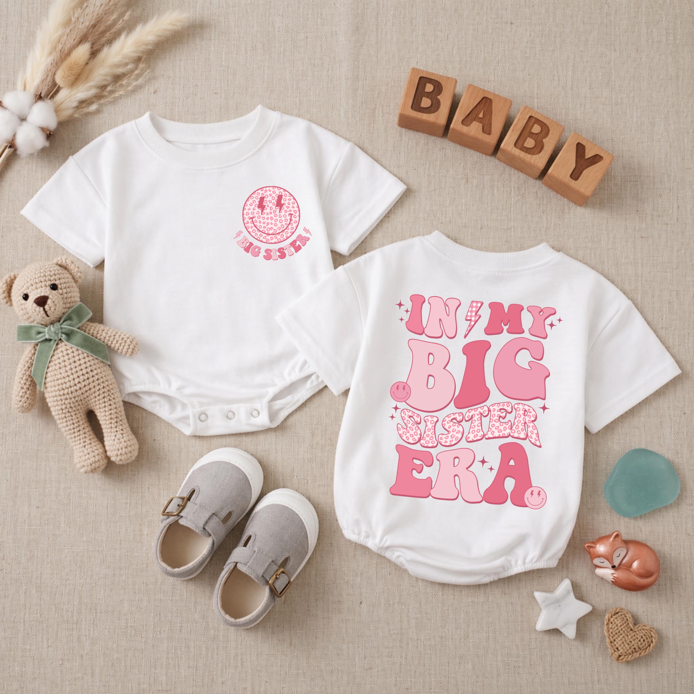 In My Big Sister Era Baby Romper with Pink Retro Lettering and Smiley Face, Long Sleeve Cotton Bodysuit for Baby Shower or Sibling Reveal