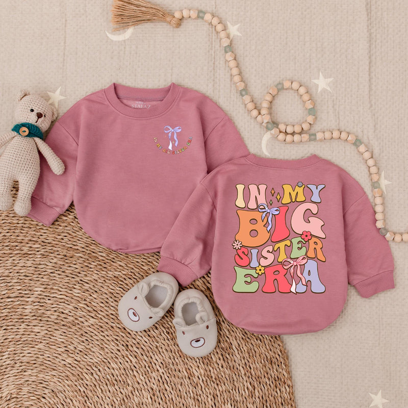 In My Big Sister Era Toddler Romper Playful Floral Design Gift Soft Cotton Birthday Outfit for Girls with Colorful Bow Detailing