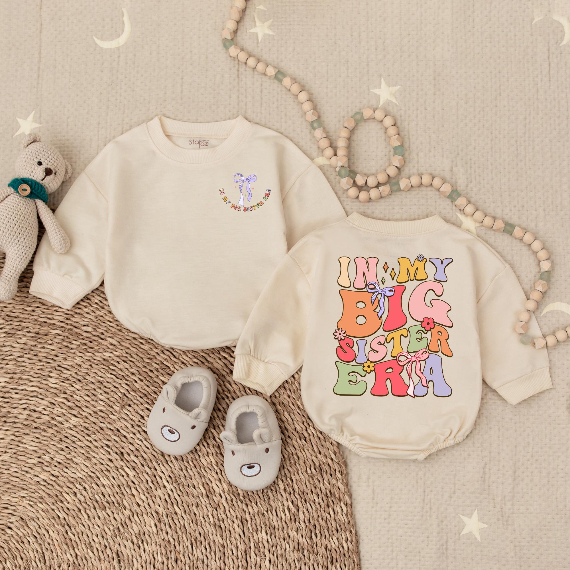 In My Big Sister Era Toddler Romper Playful Floral Design Gift Soft Cotton Birthday Outfit for Girls with Colorful Bow Detailing