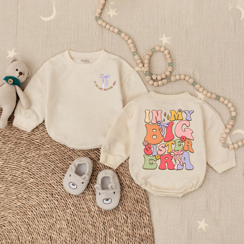 In My Big Sister Era Toddler Romper Playful Floral Design Gift Soft Cotton Birthday Outfit for Girls with Colorful Bow Detailing