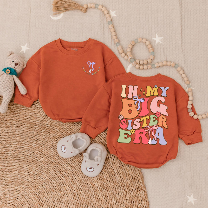 In My Big Sister Era Toddler Romper Playful Floral Design Gift Soft Cotton Birthday Outfit for Girls with Colorful Bow Detailing