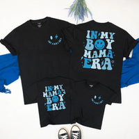 In My Boy Mama Era Matching Family Shirts, Retro Blue Smiley Design, Custom Mother and Son Outfits, Soft Cotton Tees for Mother's Day