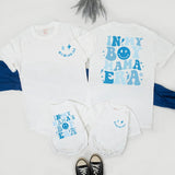 In My Boy Mama Era Matching Family Shirts, Retro Blue Smiley Design, Custom Mother and Son Outfits, Soft Cotton Tees for Mother's Day