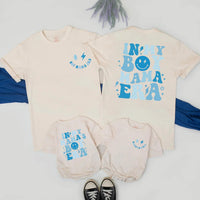 In My Boy Mama Era Matching Family Shirts, Retro Blue Smiley Design, Custom Mother and Son Outfits, Soft Cotton Tees for Mother's Day