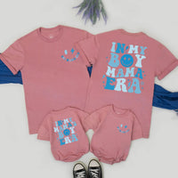 In My Boy Mama Era Matching Family Shirts, Retro Blue Smiley Design, Custom Mother and Son Outfits, Soft Cotton Tees for Mother's Day