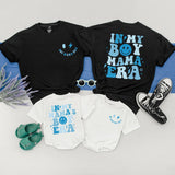 In My Boy Mama Era Matching Family Shirts, Retro Blue Smiley Design, Custom Mother and Son Outfits, Soft Cotton Tees for Mother's Day