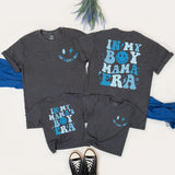 In My Boy Mama Era Matching Family Shirts, Retro Blue Smiley Design, Custom Mother and Son Outfits, Soft Cotton Tees for Mother's Day