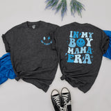 In My Boy Mama Era Matching Family Shirts, Retro Blue Smiley Design, Custom Mother and Son Outfits, Soft Cotton Tees for Mother's Day
