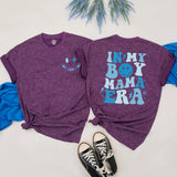 In My Boy Mama Era Matching Family Shirts, Retro Blue Smiley Design, Custom Mother and Son Outfits, Soft Cotton Tees for Mother's Day