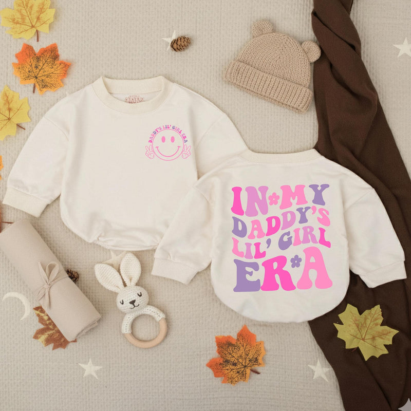 In My Daddy's Lil' Girl Era Baby Romper with Pink & Purple Text, Smiley Face Graphic, Long Sleeve Cotton Outfit for Girls, Cute Gift Idea