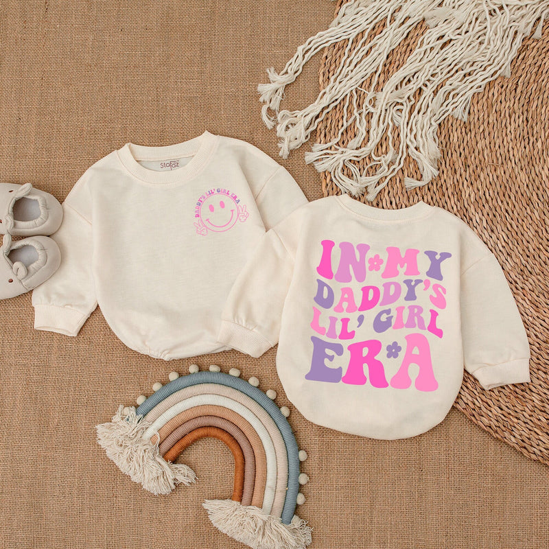 In My Daddy's Lil' Girl Era Baby Romper with Pink & Purple Text, Smiley Face Graphic, Long Sleeve Cotton Outfit for Girls, Cute Gift Idea