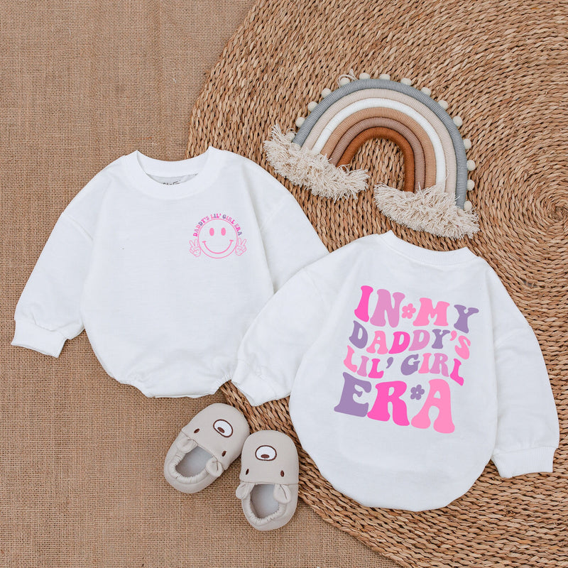 In My Daddy's Lil' Girl Era Baby Romper with Pink & Purple Text, Smiley Face Graphic, Long Sleeve Cotton Outfit for Girls, Cute Gift Idea