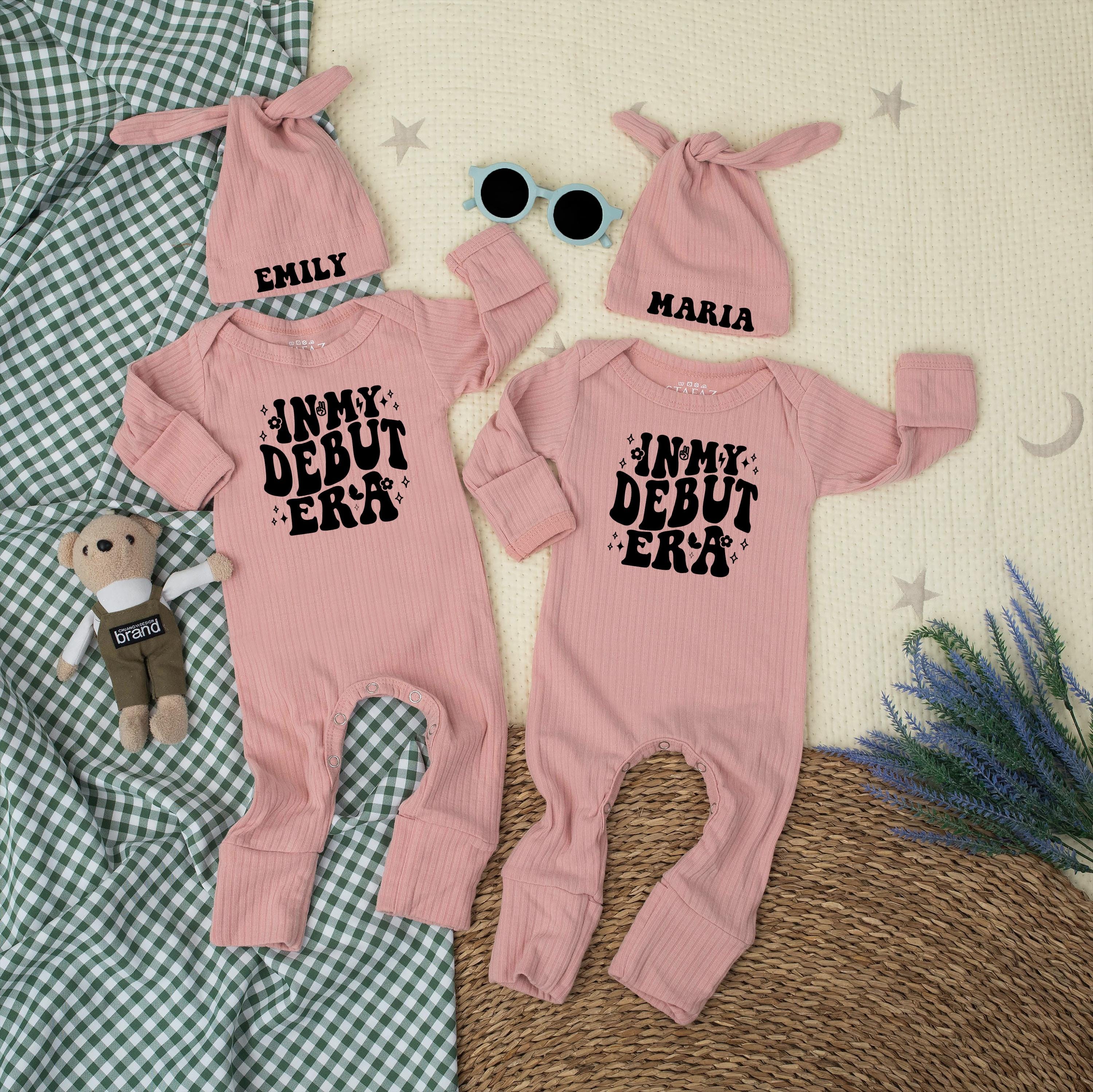 In My Debut Era Baby Bodysuit and Hat Set with Custom Name, Pink Newborn Coming Home Outfit, Cute Baby Shower Gift for Girls