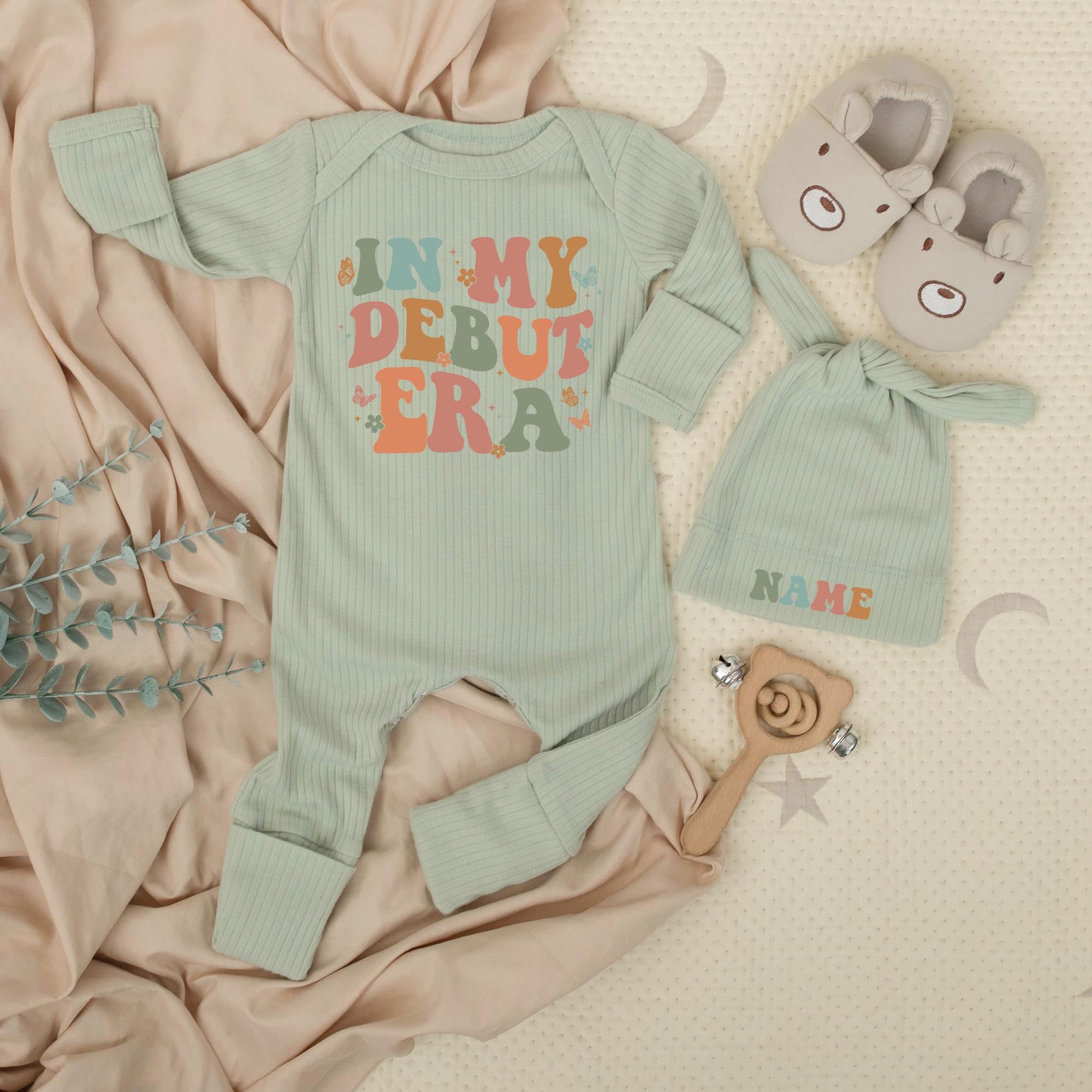 In My Debut Era Baby Bodysuit and Hat Set with Retro Custom Name, Newborn Going Home Outfit, Cute Infant Gift for Vintage Baby Style