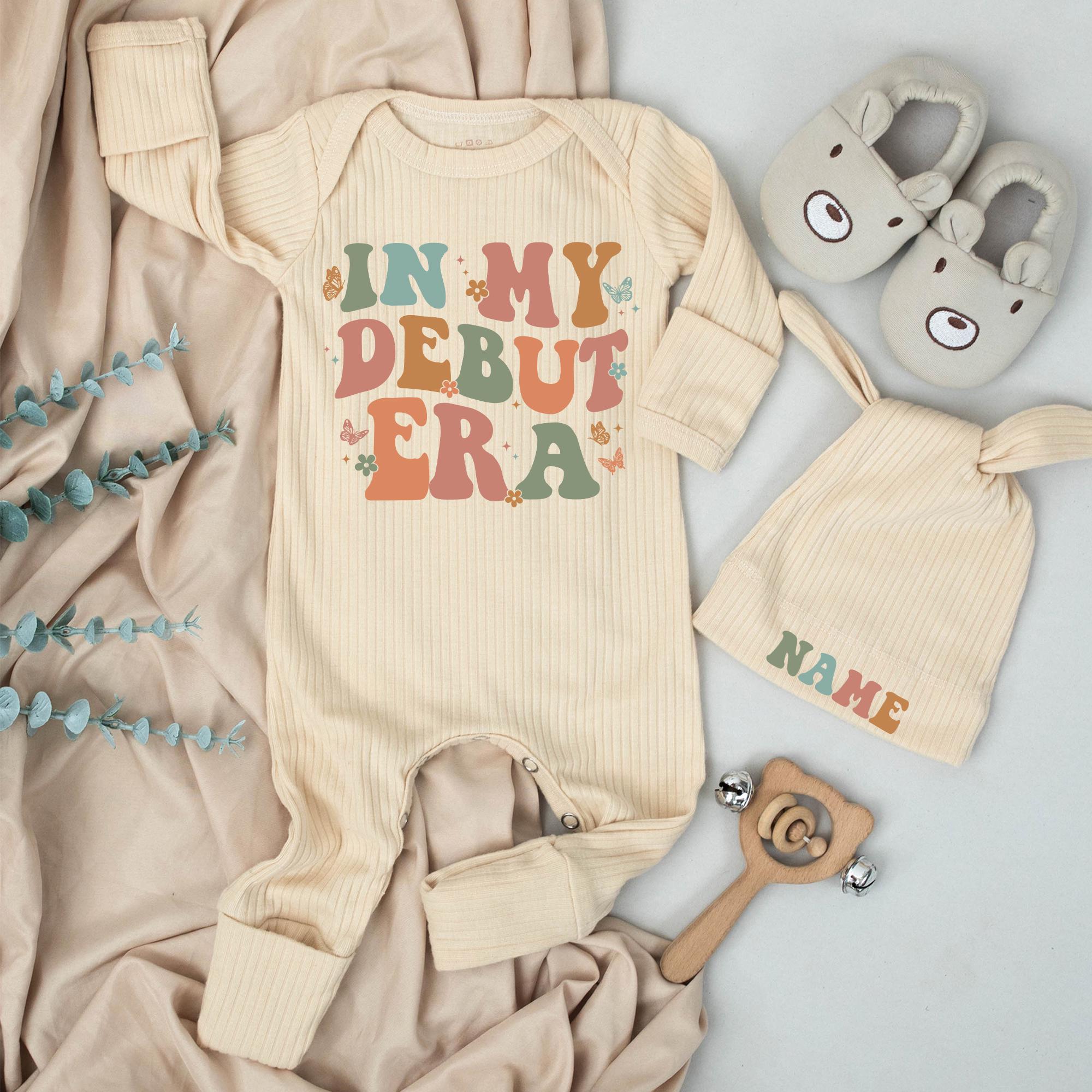 In My Debut Era Baby Bodysuit and Hat Set with Retro Custom Name, Newborn Going Home Outfit, Cute Infant Gift for Vintage Baby Style