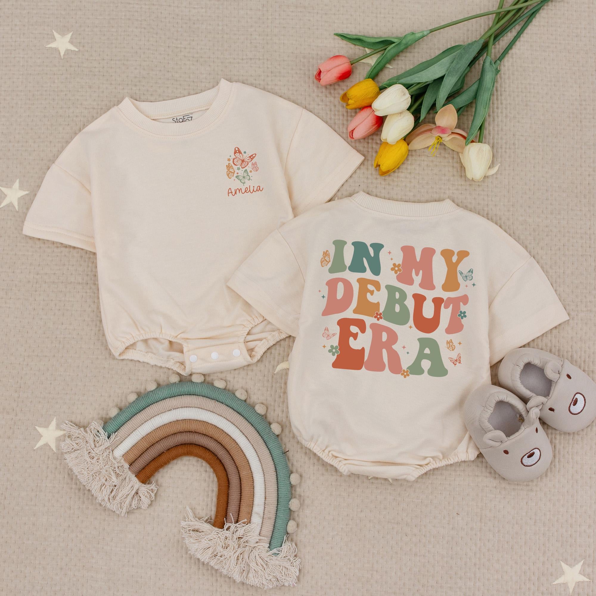 In My Debut Era Baby Romper with Retro Floral Design and Custom Name, 1st Birthday Outfit, Newborn Baby Shower Gift