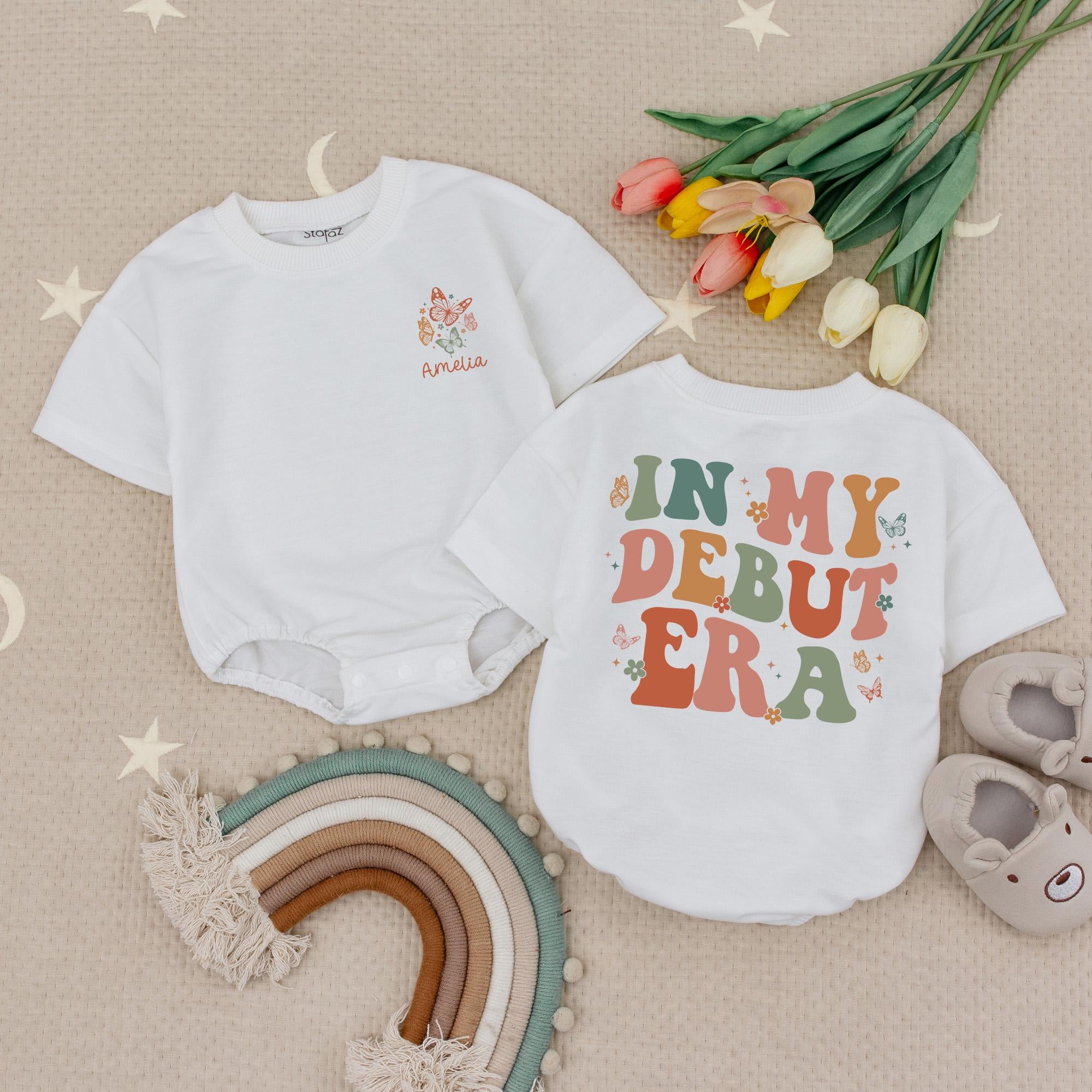 In My Debut Era Baby Romper with Retro Floral Design and Custom Name, 1st Birthday Outfit, Newborn Baby Shower Gift