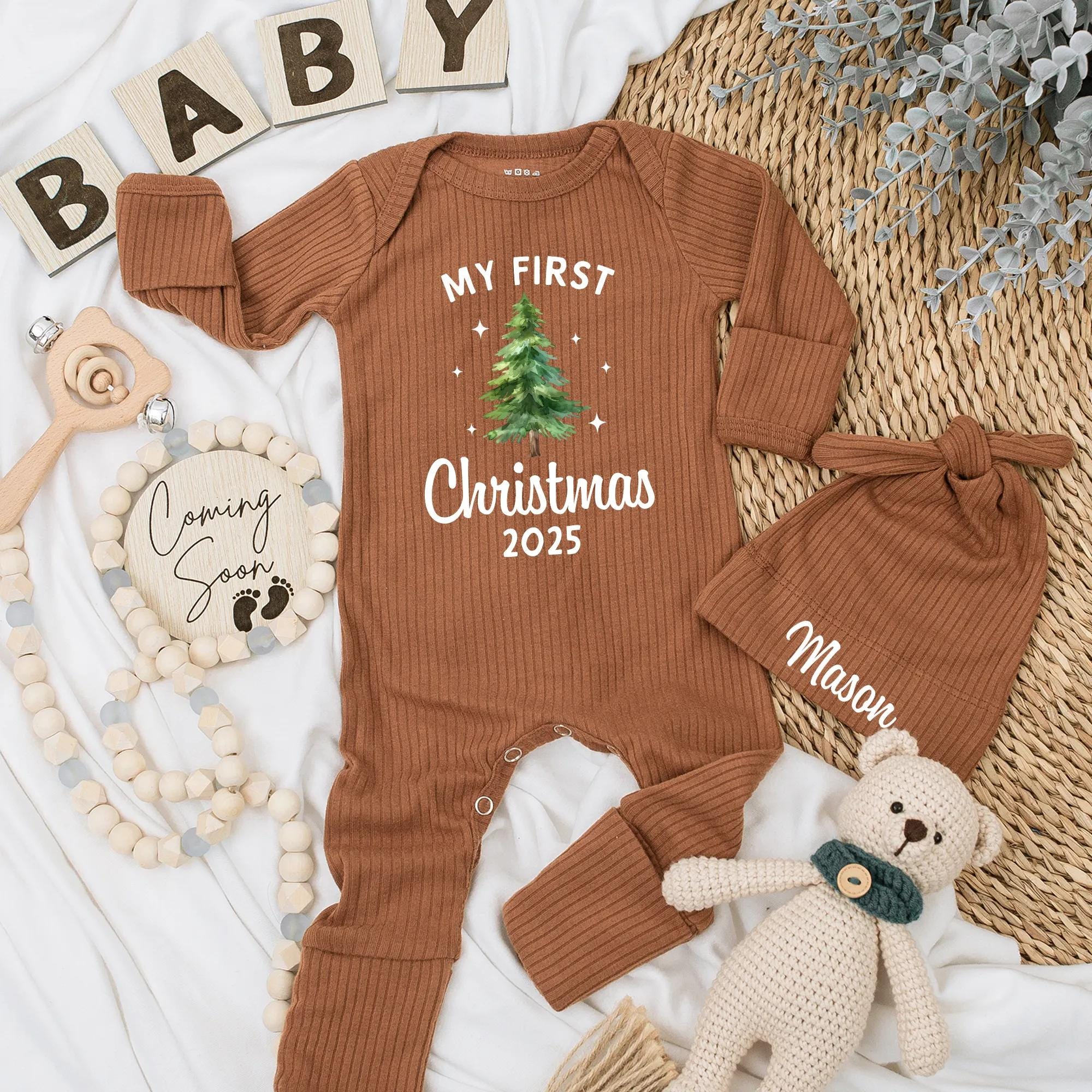 My First Christmas 2025 Baby Bodysuit Custom Outfit Newborn Holiday Tree Gender Neutral Soft Cotton Gift
