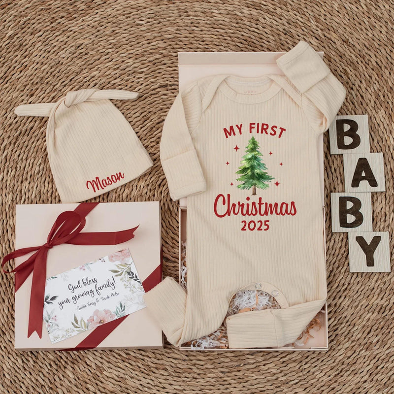 My First Christmas 2025 Baby Bodysuit Custom Outfit Newborn Holiday Tree Gender Neutral Soft Cotton Gift
