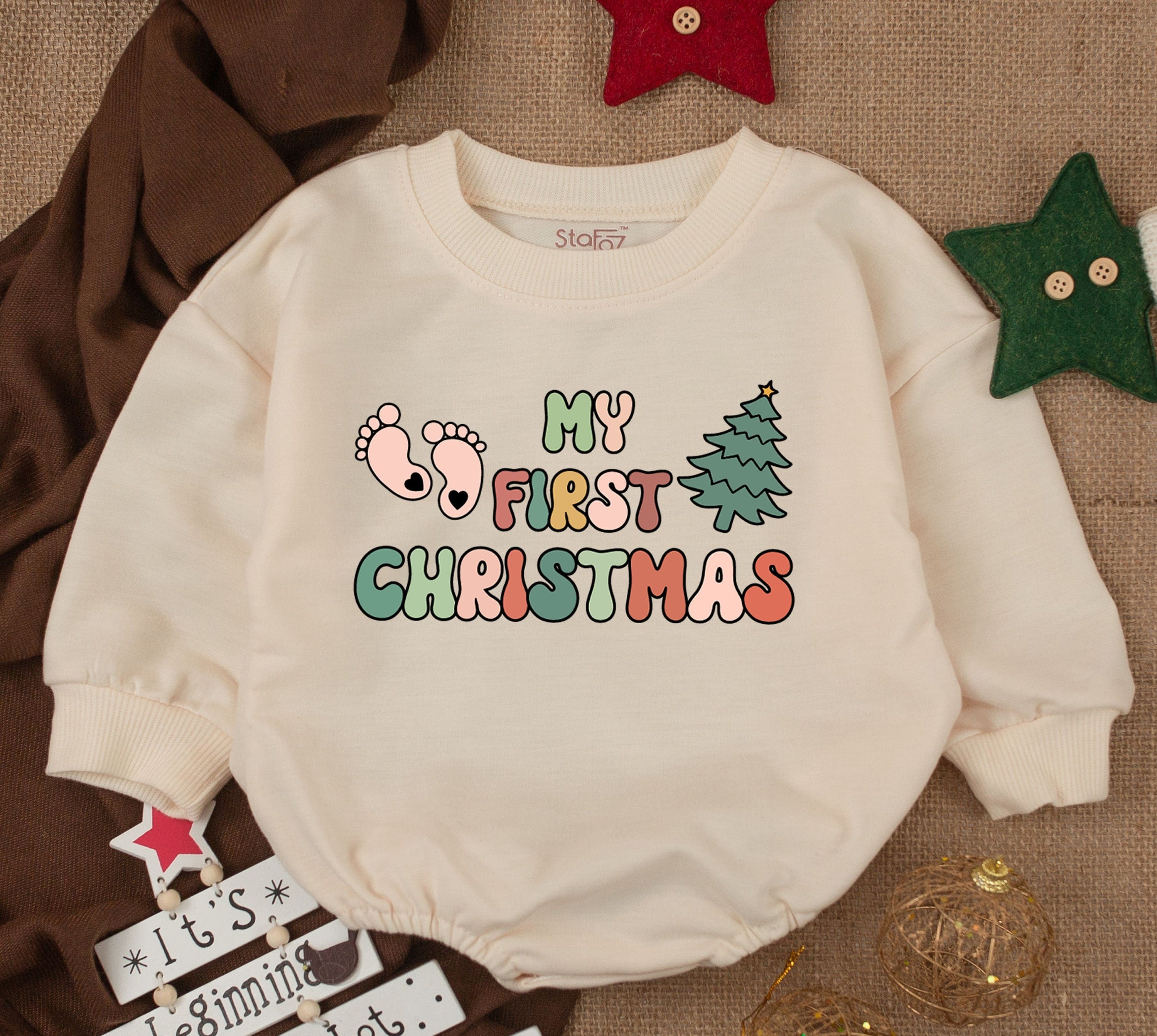 My First Christmas Baby Romper with Bear Santa Hat and Tree Design Soft Cotton Playful Holiday Infant Newborn Outfit Gift Idea
