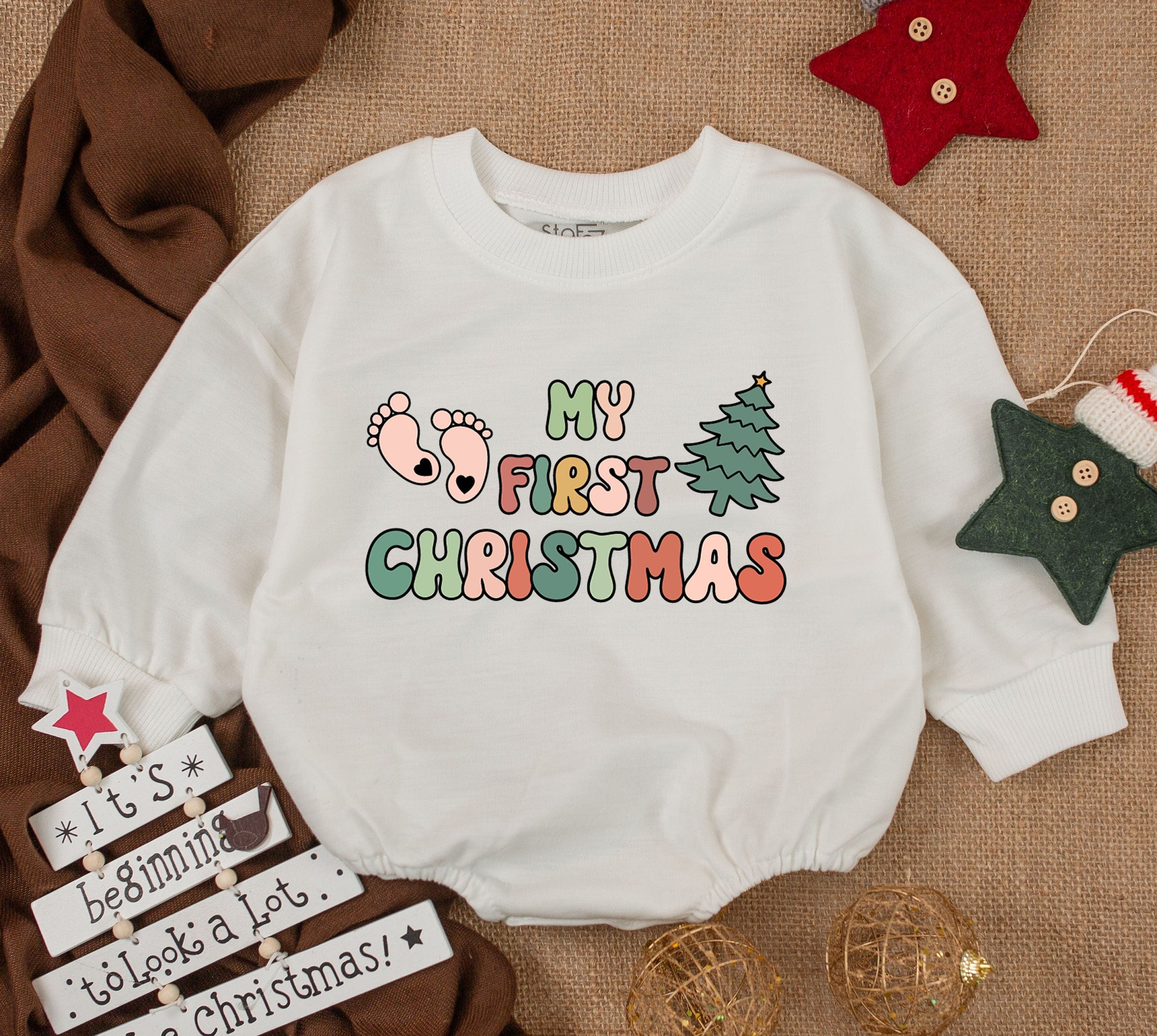 My First Christmas Baby Romper with Bear Santa Hat and Tree Design Soft Cotton Playful Holiday Infant Newborn Outfit Gift Idea