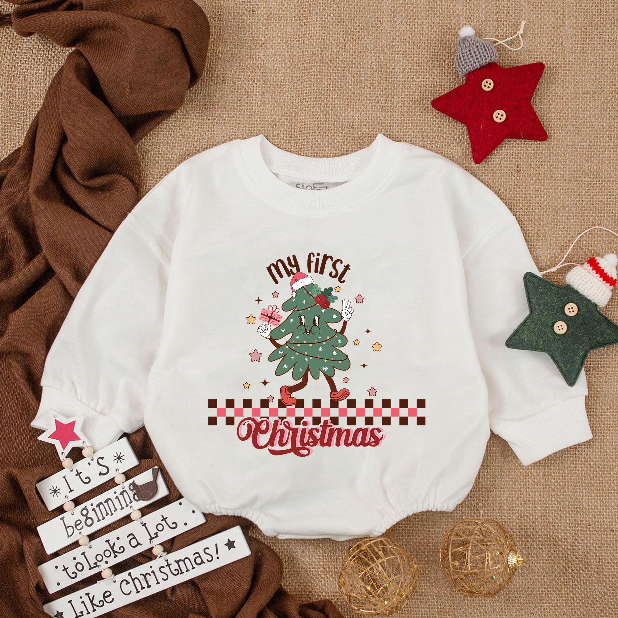 My First Christmas Baby Romper Festive Tree Outfit Infant Girl Bubble Romper Red Green Holiday Clothes Soft Cotton Checkered Design
