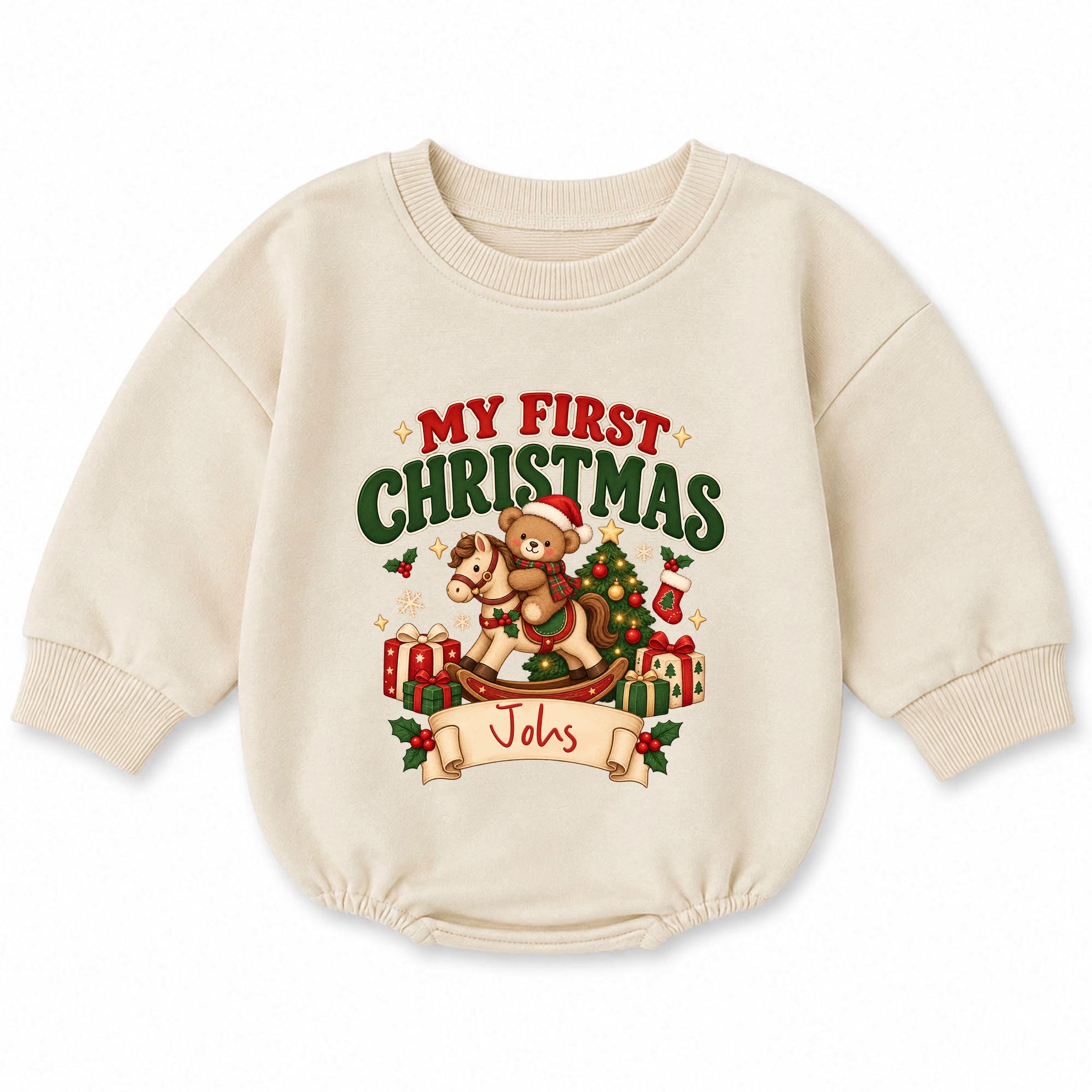 My First Christmas Baby Romper with Teddy Bear & Gifts Graphic, Custom Name Holiday Outfit for Newborn to 24M