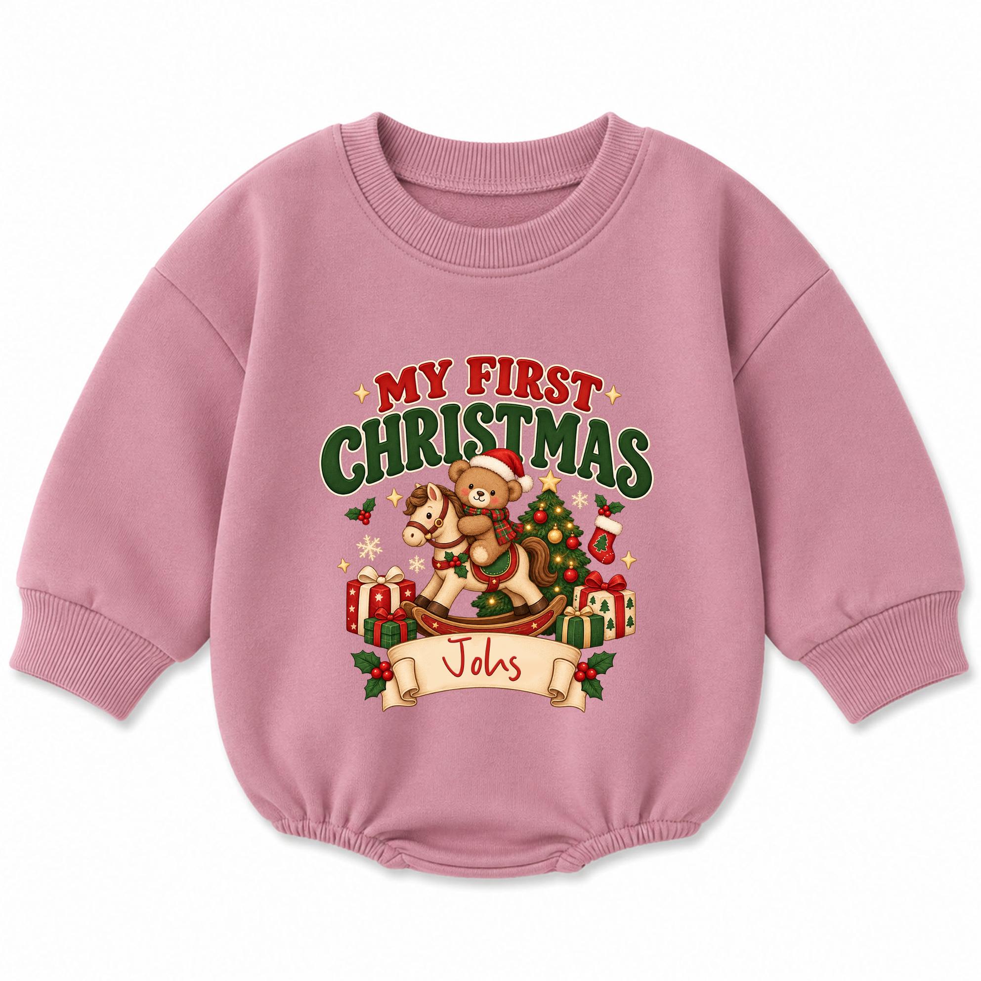 My First Christmas Baby Romper with Teddy Bear & Gifts Graphic, Custom Name Holiday Outfit for Newborn to 24M