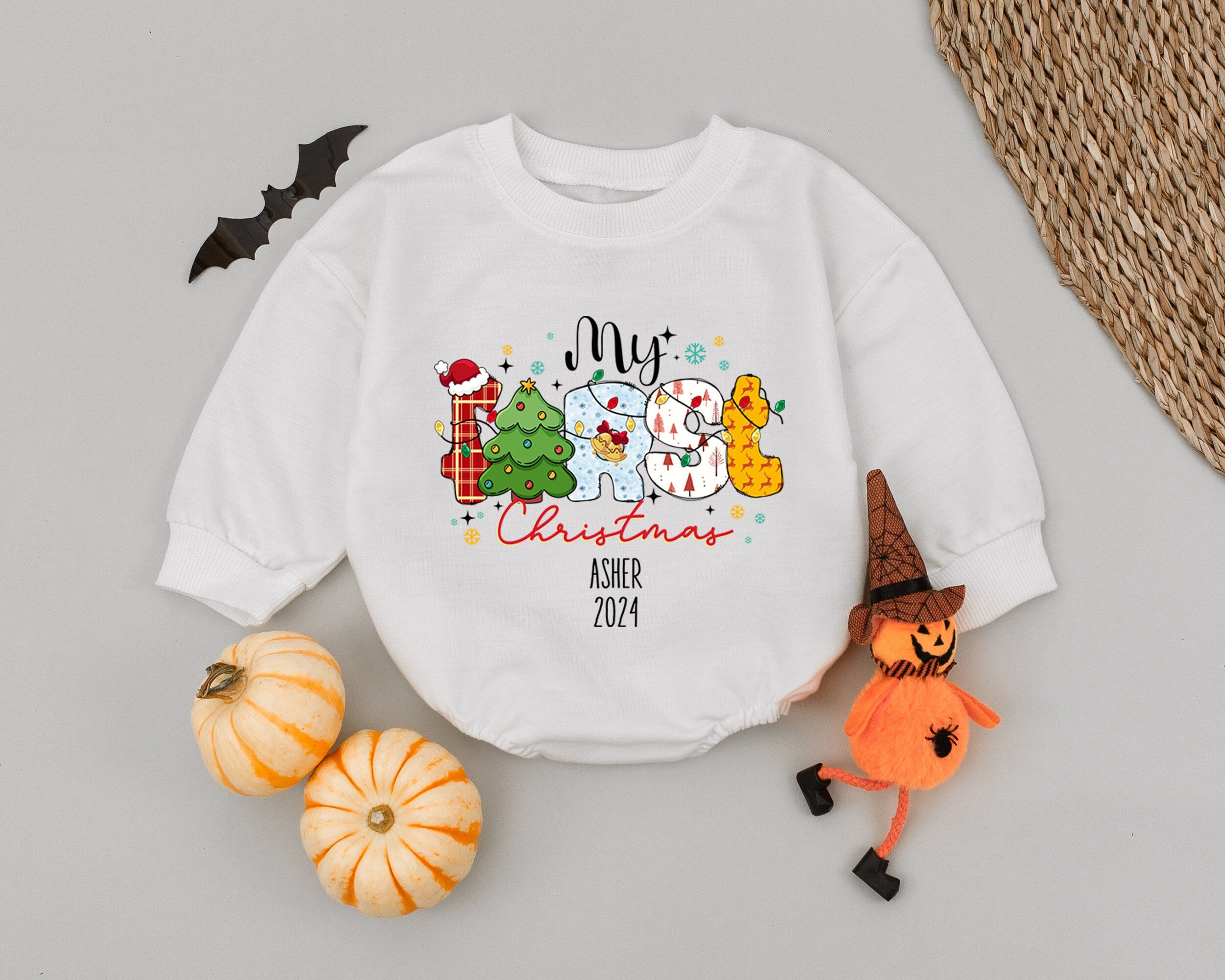 My First Christmas Romper with Festive Letters Infant Baby Outfit Personalized Holiday Gift Long Sleeve Bodysuit for Winter Baby Shower