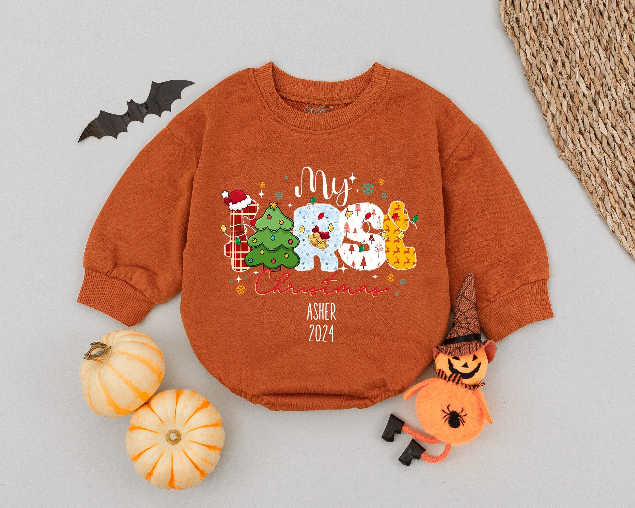 My First Christmas Romper with Festive Letters Infant Baby Outfit Personalized Holiday Gift Long Sleeve Bodysuit for Winter Baby Shower