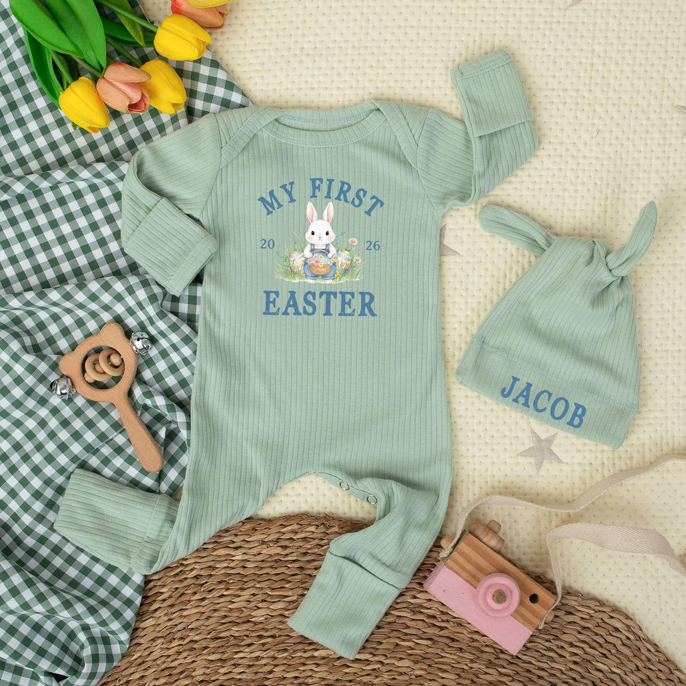 My First Easter 2026 Baby Romper with Personalized Name Hat Cute Bunny Outfit for Newborn Infant Gift Soft Cotton Holiday Clothes