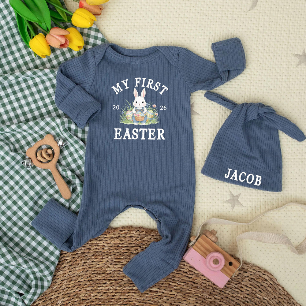 My First Easter 2026 Baby Romper with Personalized Name Hat Cute Bunny Outfit for Newborn Infant Gift Soft Cotton Holiday Clothes