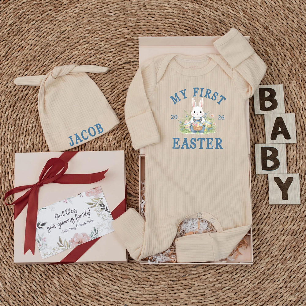 My First Easter 2026 Baby Romper with Personalized Name Hat Cute Bunny Outfit for Newborn Infant Gift Soft Cotton Holiday Clothes