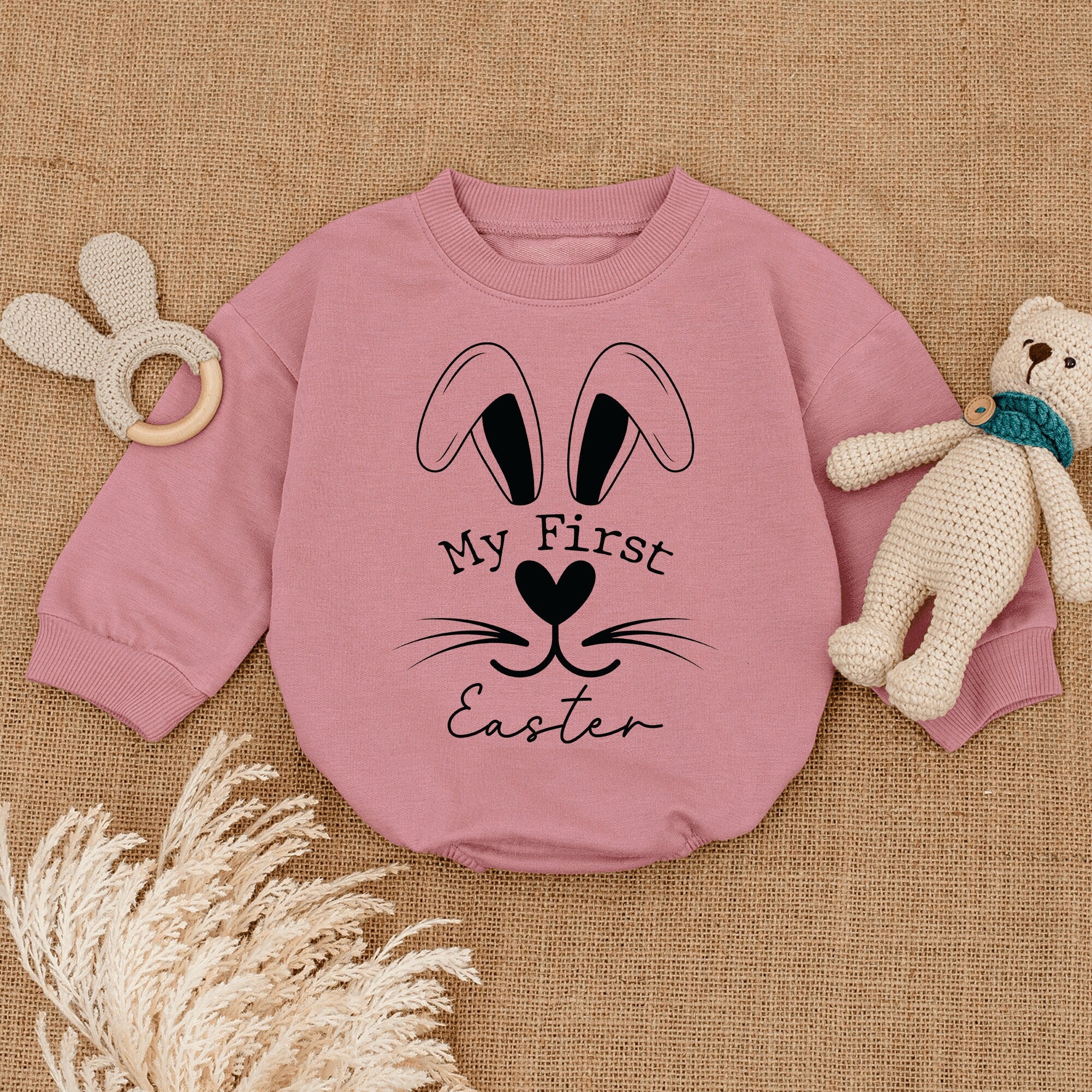 My First Easter Baby Romper with Cute Bunny Face Pastel Colors Soft Comfortable Cotton Gender Neutral Outfit Holiday Celebration