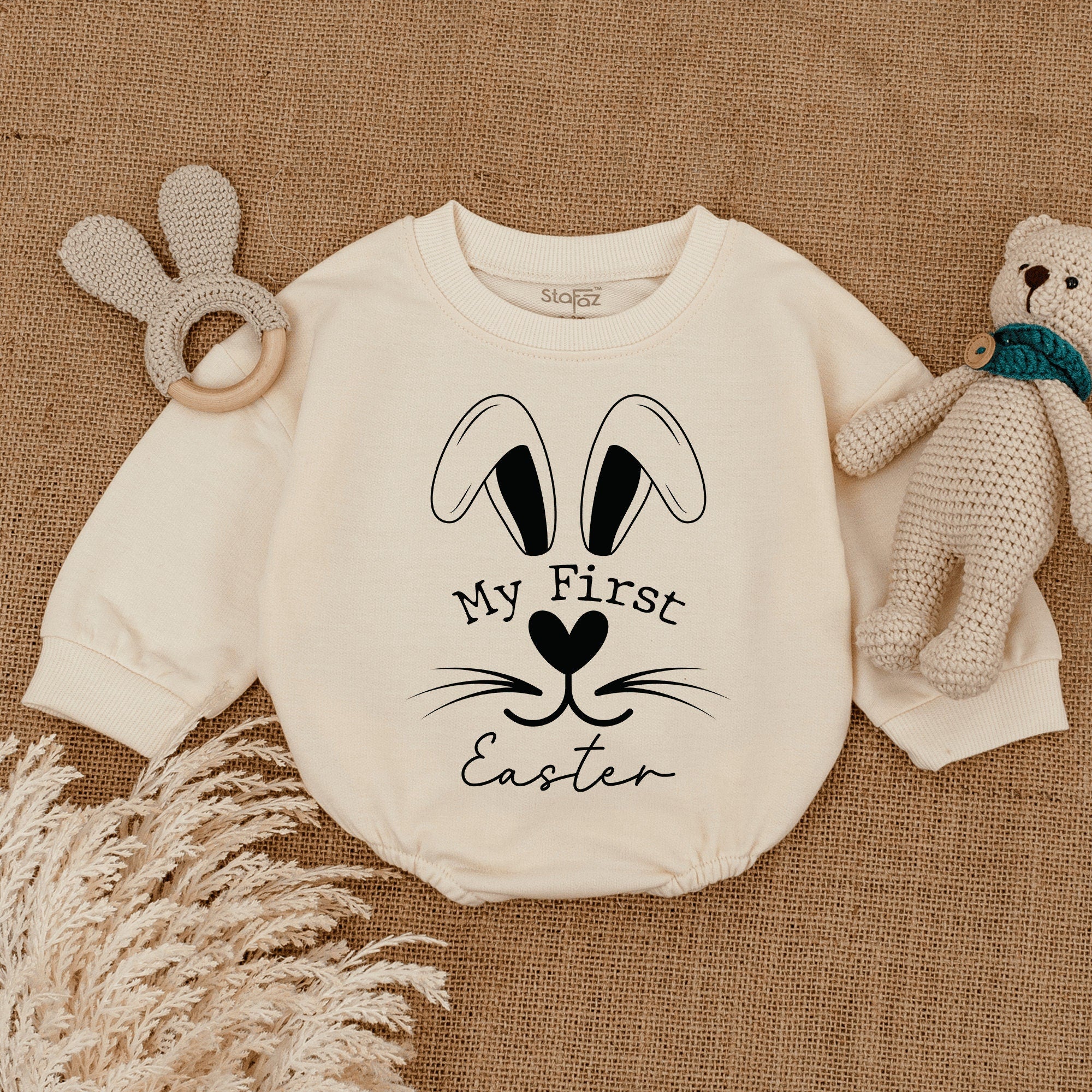 My First Easter Baby Romper with Cute Bunny Face Pastel Colors Soft Comfortable Cotton Gender Neutral Outfit Holiday Celebration