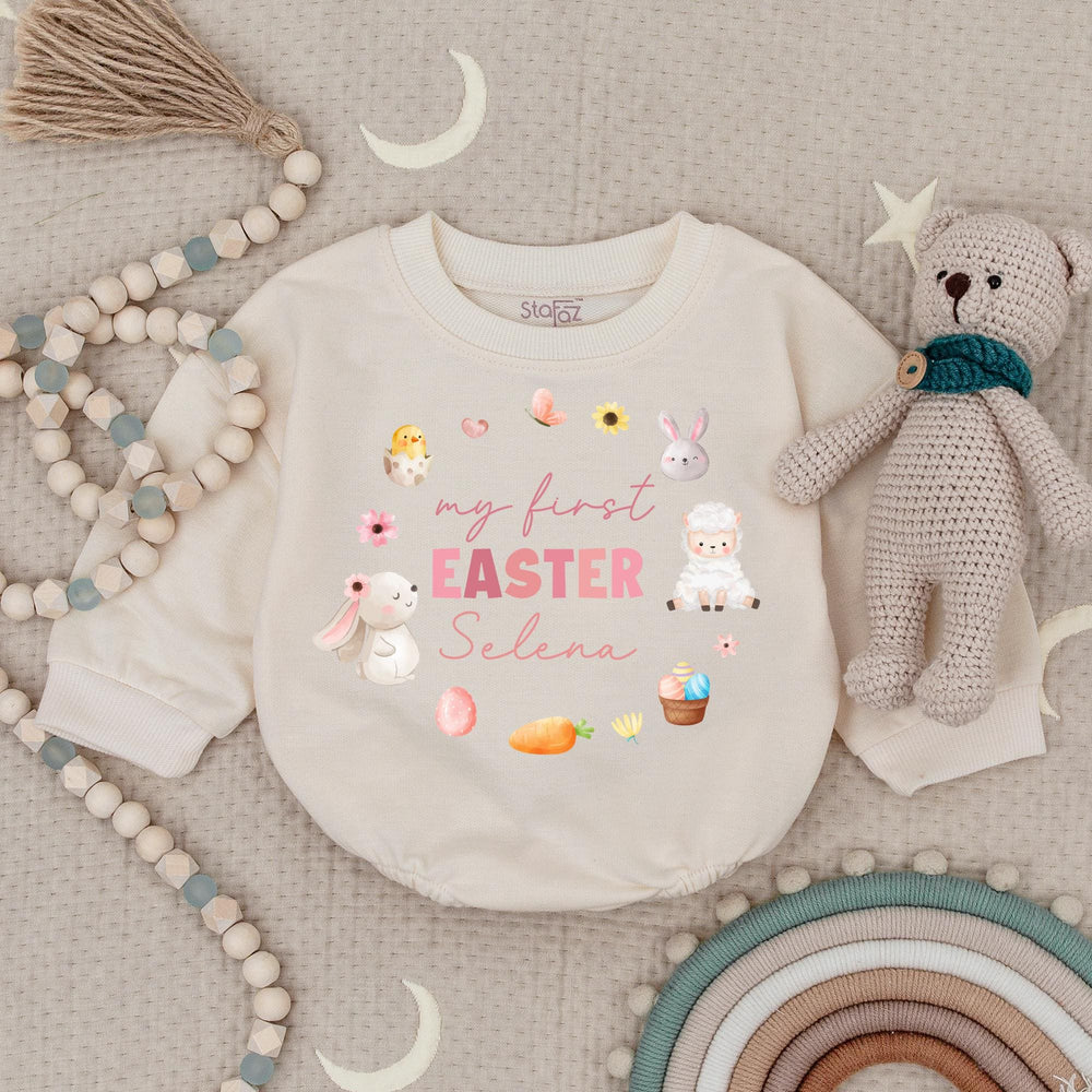 My First Easter Baby Romper Personalized with Name Cute Bunny Chick Pastel Bodysuit Soft Cotton Outfit for Infant Boys or Girls Holiday Gift