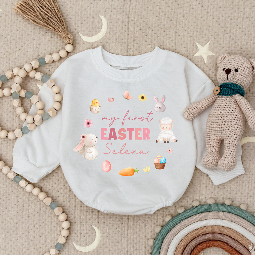 My First Easter Baby Romper Personalized with Name Cute Bunny Chick Pastel Bodysuit Soft Cotton Outfit for Infant Boys or Girls Holiday Gift